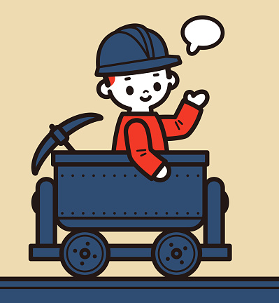 Cute boy or miner wearing a helmet and taking a pickaxe and greeting in a minecart
