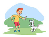 Cute boy photographing dog pet on mobile phone in park cartoon. Teenager taking photo of funny puppy on nature. Young male character enjoying photography. Natural landscape. Vector flat illustration