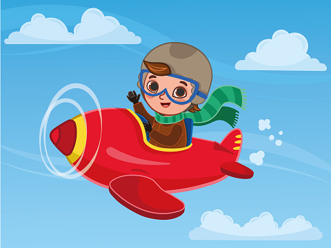 Cute boy pilot flies on a red plane.