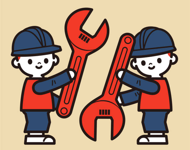 Cute boy wearing a helmet and reflective vest and holding a big wrench vector art illustration