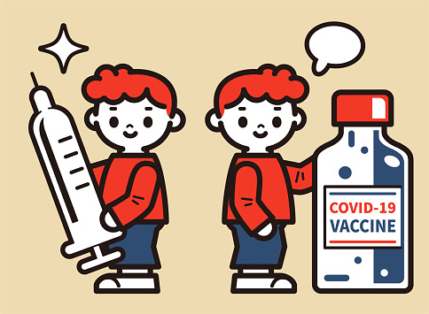 Cute boy with a vaccine bottle and syringe fighting against coronavirus (COVID-19, flu virus)