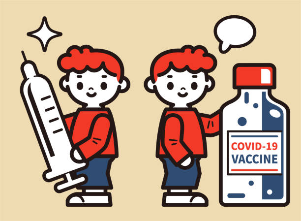 Cute boy with a vaccine bottle and syringe fighting against coronavirus (COVID-19, flu virus) vector art illustration