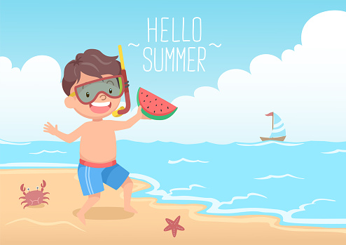 cute boy with snorkel holding water melon hello summer