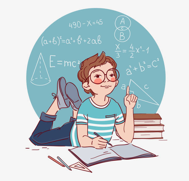 милый мальчик, пишущий в блокноте. маленький мальчик решает математические примеры - baby formula stock illustrations