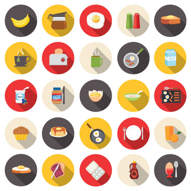 set ikon makanan sarapan lucu - sarapan hidangan ilustrasi stok
