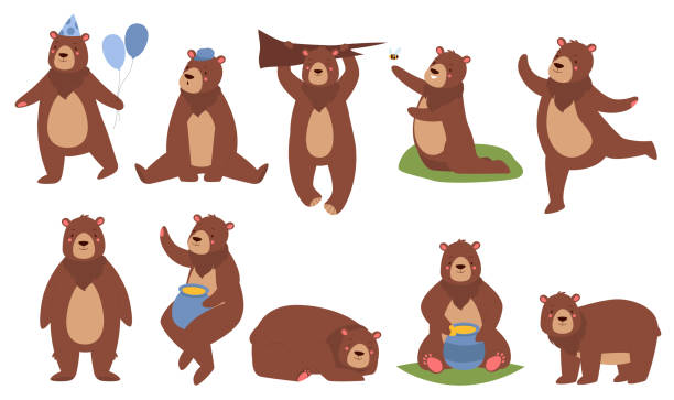 Cute brown bear set, cartoon funny fluffy teddy bears Cute brown bear vector illustration set. Cartoon funny fluffy teddy bear characters in different poses collection with furry animal sitting and sleeping, dancing and eating honey isolated on white brown bear stock illustrations