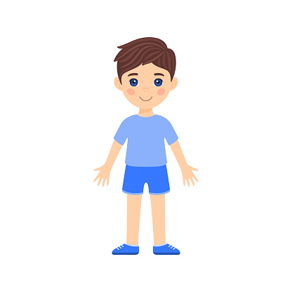 Cute Brunette cartoon boy is standing in clothes and shoes. Caucasian child with blue eyes and smiles. Happy isolated little schoolboy. Flat color style. White background. Vector illustration.