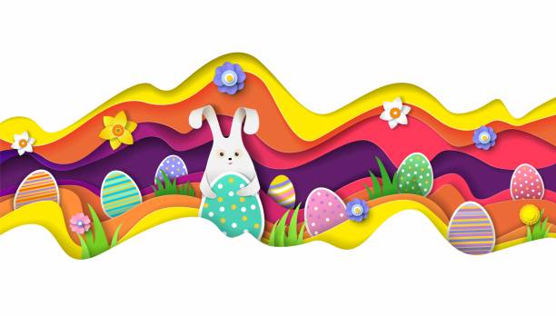 Cute bunny, Easter eggs on color wavy layered background, vector paper cut illustration. Egg hunt banner template. Cute bunny with Easter eggs on color wavy layered background, vector illustration in paper art style. Egg hunt, Happy Easter poster, banner template. easter sunday stock illustrations