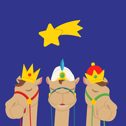 Cute Camels with Three Kings Crowns celebrate Epiphany - cartoon style