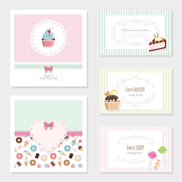 Cute card templates set with sweets. Cute card templates set. For sweet shop, bakery, scrapbook or birthday design. candy borders stock illustrations