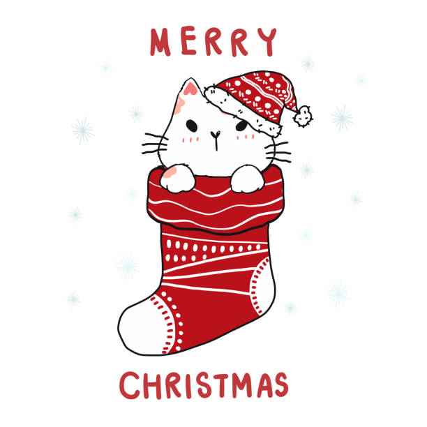 stockillustraties, clipart, cartoons en iconen met schattige kartonnen doodle kat in kerstmis rode sok, vrolijk kerstfeest, platte vector clip art, idee voor wenskaart, afdrukbaar, kunst aan de muur, kinderkamer kunst - christmas cat
