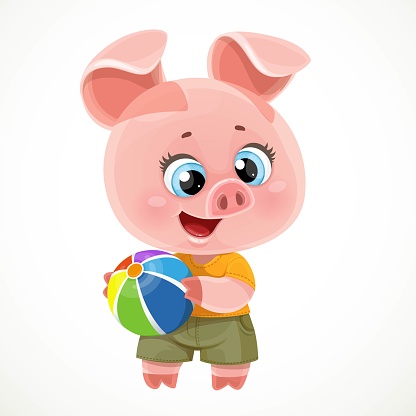 Cute cartoon baby piglet with color ball toy isolated on a white background