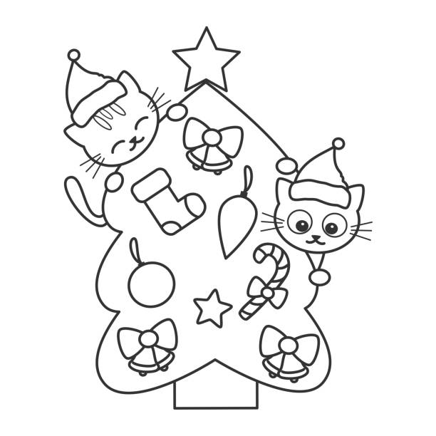 cute cartoon black and white christmas tree with cats funny vector holidays illustration for coloring art cute cartoon black and white christmas tree with cats funny vector holidays illustration for coloring art cute cat coloring pages stock illustrations