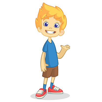 Cute cartoon blonde boy waving and smiling
