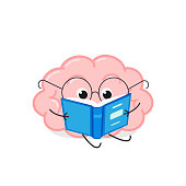 istock Cute cartoon brain in glasses reading book 1281645106