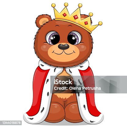 istock Cute cartoon brown bear king with crown and royal robe. 1344018878