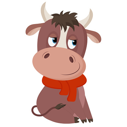 Cute cartoon bull with fur red scarf