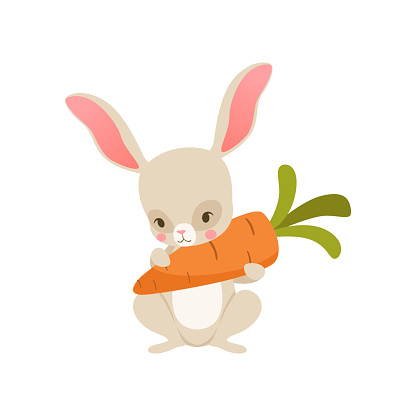 Cute Cartoon Bunny Nolding Carrot Funny Rabbit Character Happy Easter ...