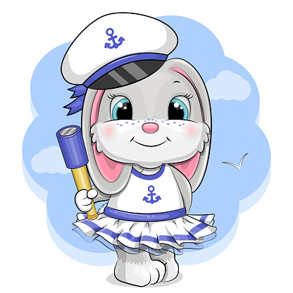 A cute cartoon captain rabbit girl in a white hat and dress is holding a spyglass.