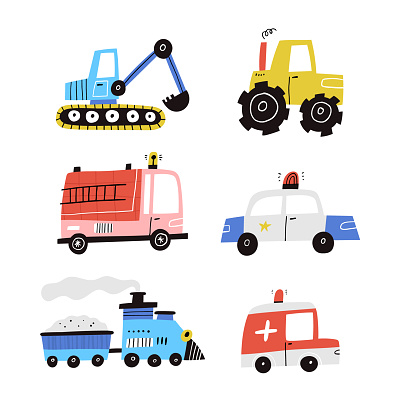 Cute cartoon cars vector collection isolated on white. Hand drawn flat vehicle set. Excavator, police auto, ambulance, tractor, fire truck and locomotive. Scandinavian style various transports clipart
