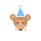 Cute cartoon character of bear in party hat. Cool picture is great for children's products: clothes, textiles, postcards, stationery products and other things. Vector illustration.