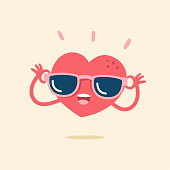 Cute cartoon character of heart smiling happily with sunglasses, vector illustration.