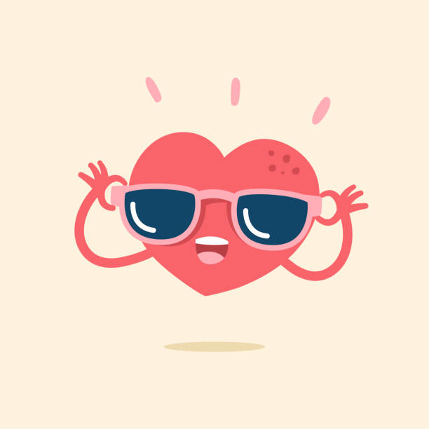kalp gülümseyen sevimli çizgi film karakteri mutlu ile güneş gözlüğü, vektör çizim. - sunglasses stock illustrations