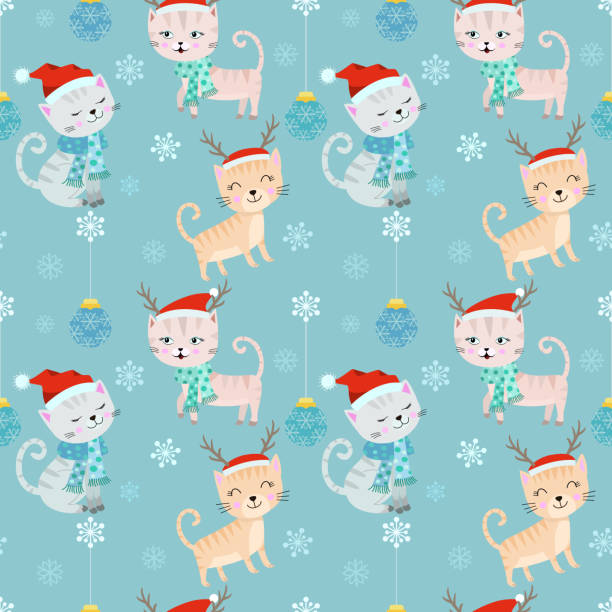 bildbanksillustrationer, clip art samt tecknat material och ikoner med söt tecknad jul katt sömlös mönster. - cat snow
