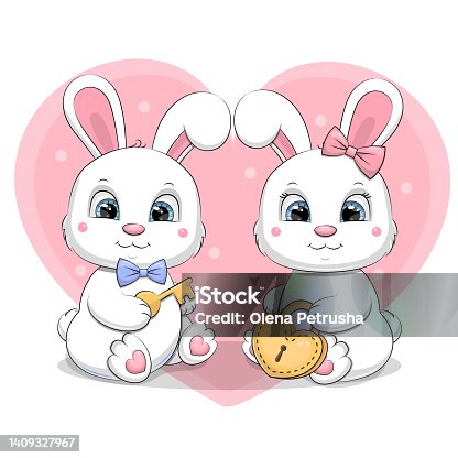 istock Cute cartoon couple with white rabbits holding a lock and key. 1409327967