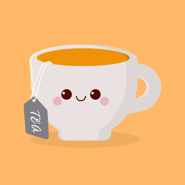Cute cartoon cup funny cute cup drawn with a smile, eyes and hands, cartoon cup of tea with millk, cardboard character tea cup stock illustrations