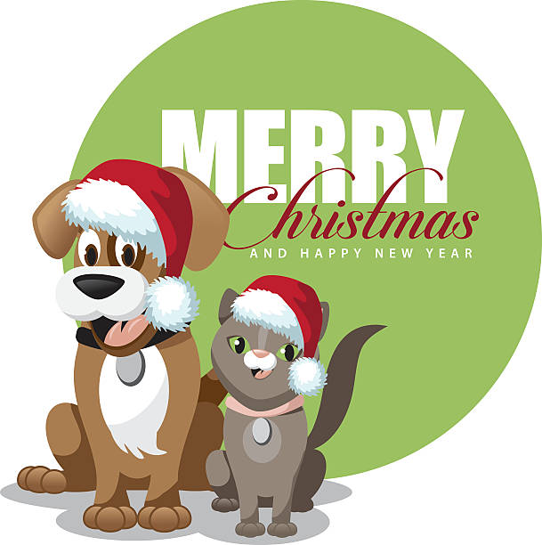 Cute cartoon dog and cat merry Christmas vector art illustration