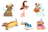 Cute cartoon dogs in carnival costumes for halloween, purim or christmas. Set of vector illustrations isolated on white background.
