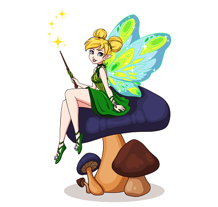 Cute cartoon fairy with butterfly wings sitting on flower. Girl with blonde buns wearing green dress. Hand drawn vector illustration.