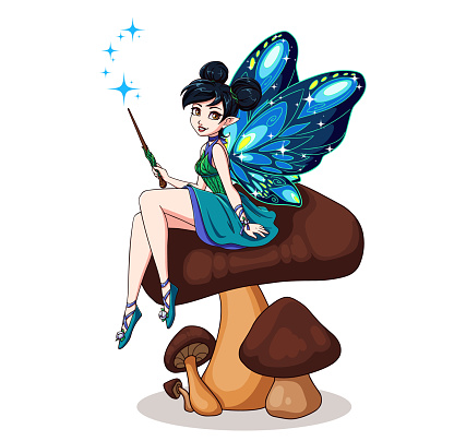 Cute cartoon fairy with butterfly wings sitting on flower. Girl with black buns wearing blue dress. Hand drawn vector illustration.