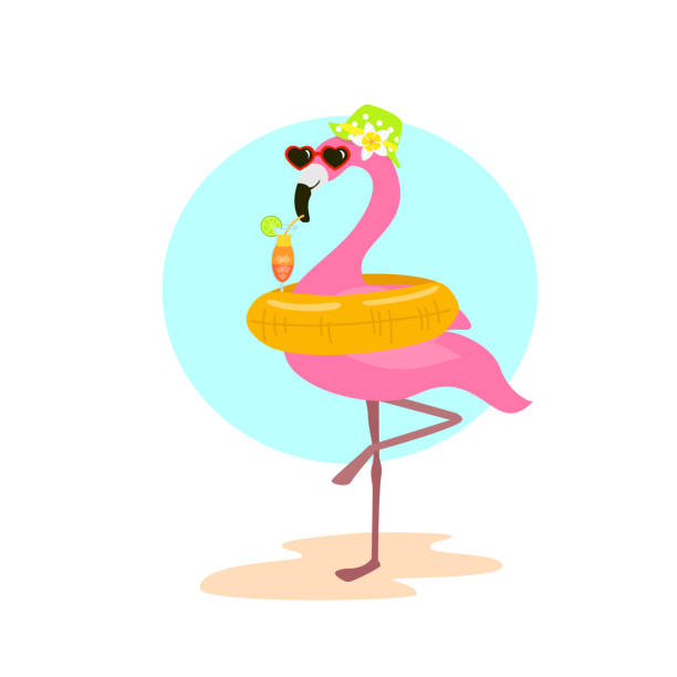 stockillustraties, clipart, cartoons en iconen met schattige cartoon leuk flamingo met zwemmen opblaasbare ring drijven op vakantie drinken cocktail afbeelding - flamingo
