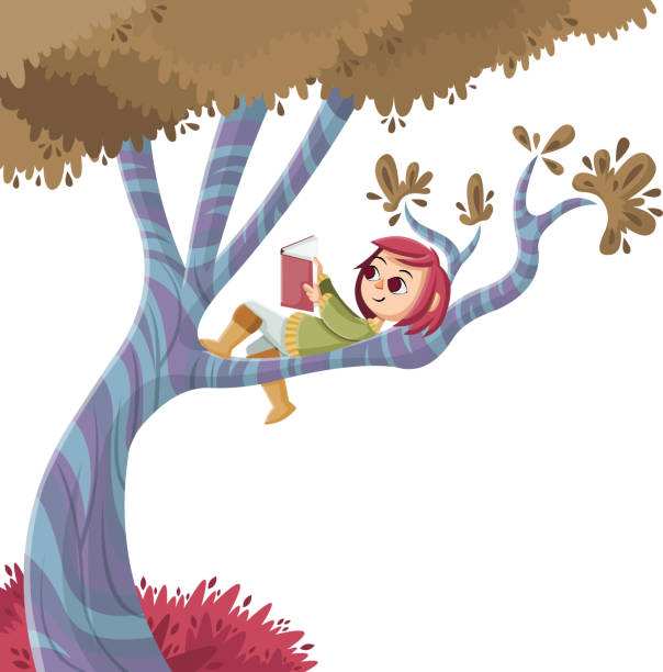 ilustrações de stock, clip art, desenhos animados e ícones de cute cartoon girl reading book over a tree. - kid reading outside