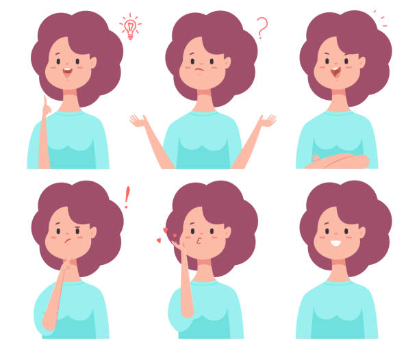 Cute cartoon girl with different emotions: smile, puzzled, thinking, confused, in love and with idea. Vector flat woman character set isolated on a white background. Girl vector cartoon character set with emotions. questioning face stock illustrations