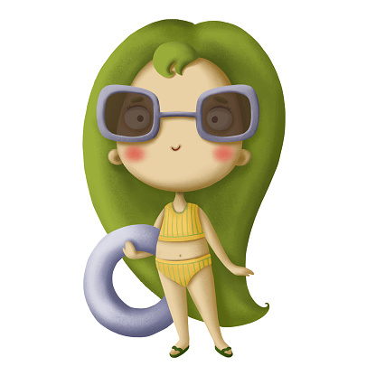 Cute cartoon girl with glasses with green hair in a swimsuit holding an inflatable circle
