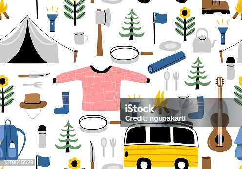 istock Cute cartoon hand drawn scandinavian style camping equipment symbols and icons. Vector illustration, camp clothes, shoes, guitar, food, tent, flashlight and tree. Seamless pattern. 1278545529