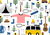 Cute cartoon hand drawn scandinavian style camping equipment symbols and icons. Vector illustration, camp clothes, shoes, guitar, food, tent, flashlight and tree. Seamless pattern.