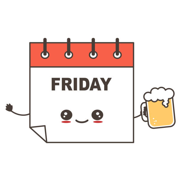 stockillustraties, clipart, cartoons en iconen met leuke cartoon gelukkig kalender karakter op vrijdag met glas bier grappige vector illustratie - happy friday emoticon