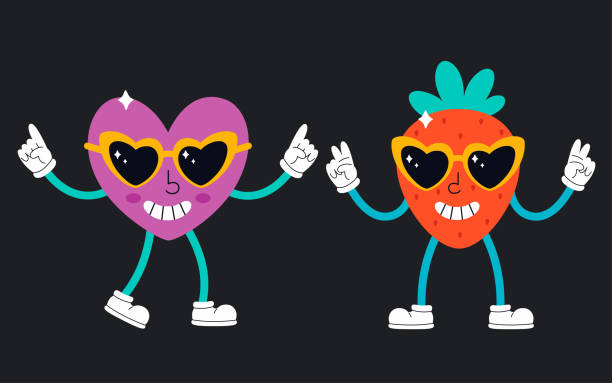 Cute cartoon heart character and strawberry character with retro glasses. Psychedelic, retro and vintage style. Vector illustration Cute cartoon heart character and strawberry character with retro glasses. Psychedelic, retro and vintage style strawberry cartoon stock illustrations