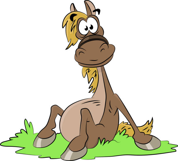 bildbanksillustrationer, clip art samt tecknat material och ikoner med söt tecknad häst sitter på gräs leende vektor illustration - silly horse