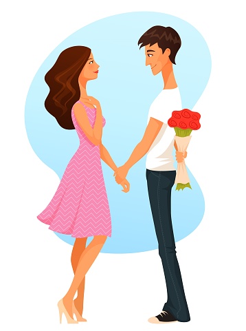 cute cartoon illustration of a young woman and man, in love