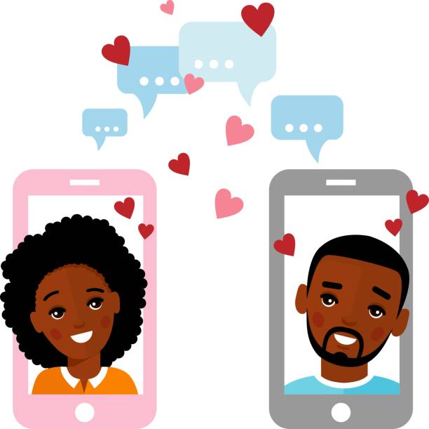 Cute cartoon illustration of old african american people in love using telephone and internet. Vector flat elderly lover concept on the computer screen sent a message of love.
Age lovers chat online on the Internet. old black couple in love stock illustrations