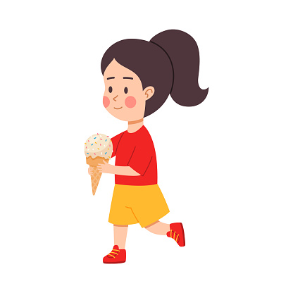 Cute cartoon kid eating tasty ice cream in flat vector illustration isolated