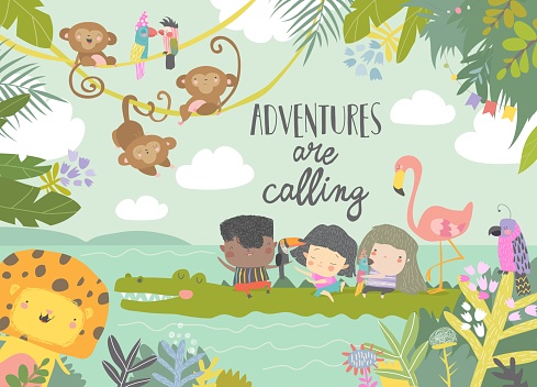 Cute cartoon kids travelling with animals. Adventures are calling