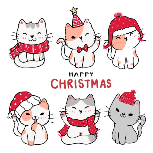 stockillustraties, clipart, cartoons en iconen met schattige cartoon kitten kat set happy christmas, platte vector clip art, idee voor wenskaart, afdrukbaar, kunst aan de muur, kwekerij kunst - christmas cat