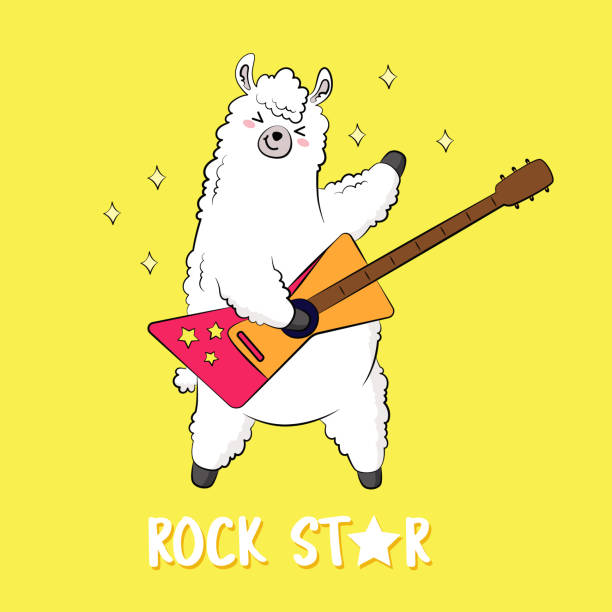 Cute cartoon lama, doodle vector. character sticker patche Cute cartoon llama, doodle vector illustration sticker rock musician stock illustrations