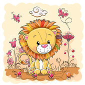 Cute Cartoon Lion on a meadow with flowers and butterflies
